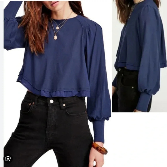 Free People Tops - Free People Billie Crop Top Cotton Modal Long Sleeve Puff Cuff Navy Blue XS